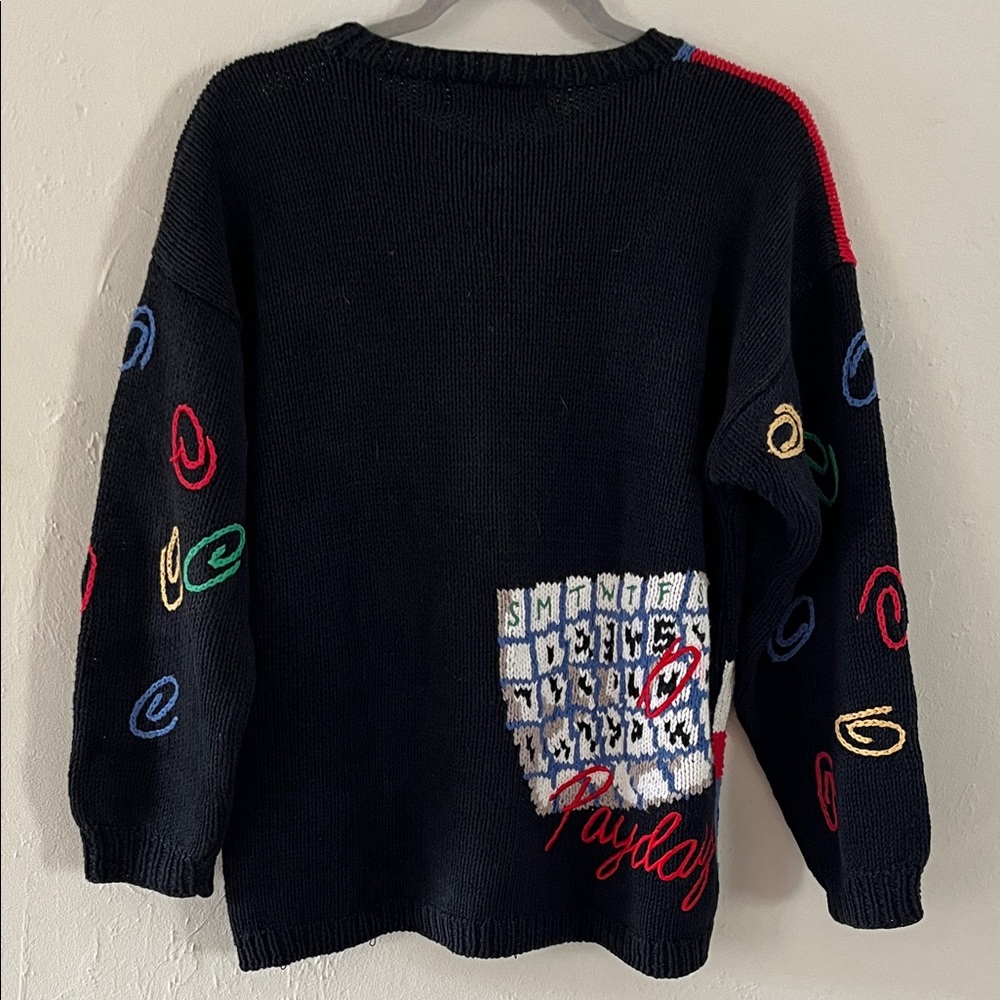 Black Knit Speciality Print Embroidered Workday Teacher Cardigan Sweater RARE - Picture 11 of 12
